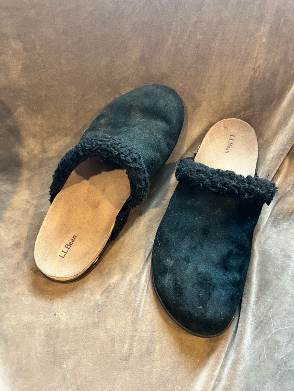 L.L. Bean Black Suede Shearling-Lined Slip-On Clogs